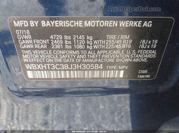 WBXHT3C38J3H30584 2018 BMW X1 Blue Вид підкапотного простору