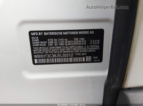 WBXHT3C38J5L30512 2018 BMW X1 White Вид підкапотного простору