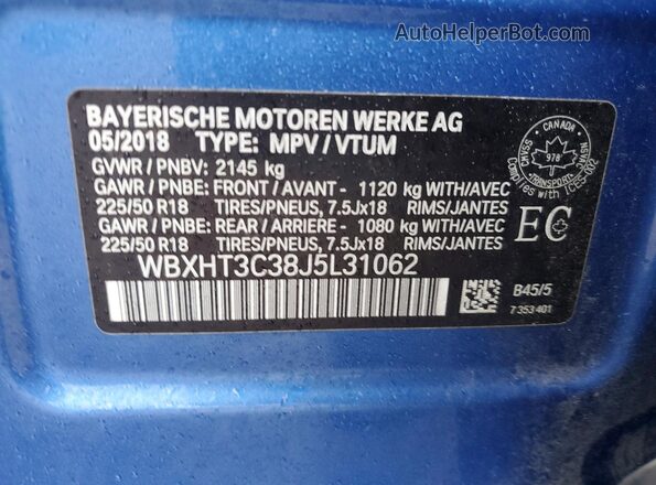 WBXHT3C38J5L31062 2018 BMW X1 Blue VIN კოდის სტიკერის ხედი