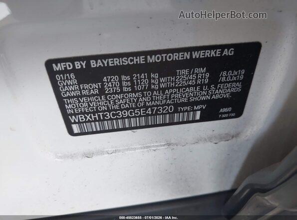 WBXHT3C39G5E47320 2016 BMW X1 White ძრავის განყოფილების ხედი