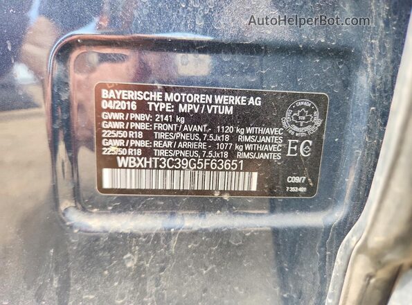 WBXHT3C39G5F63651 2016 BMW X1 Blue Vista de la etiqueta del VIN