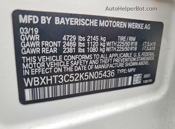 WBXHT3C52K5N05436 2019 BMW X1 White VIN კოდის სტიკერის ხედი