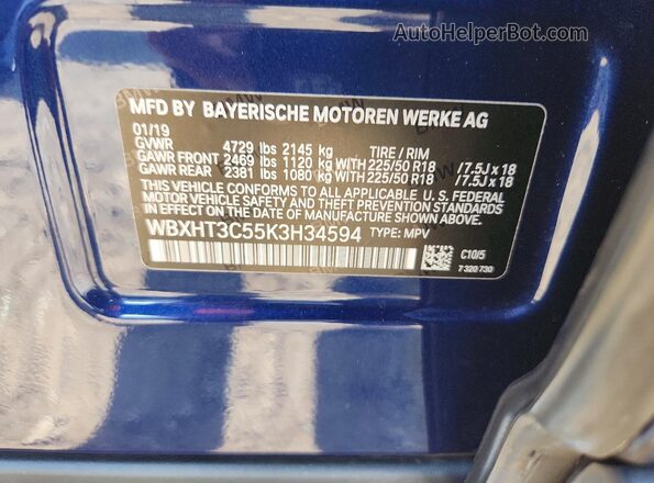 WBXHT3C55K3H34594 2019 BMW X1 Blue Widok wnętrza 360 stopni