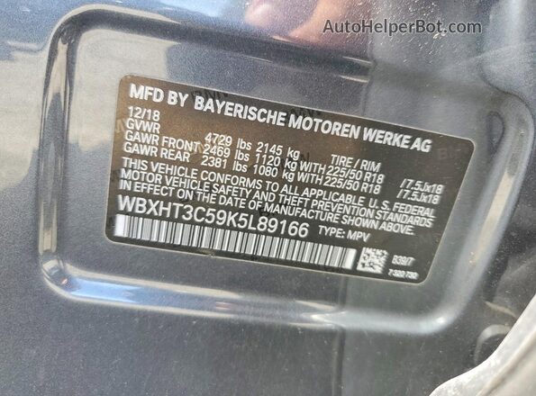 WBXHT3C59K5L89166 2019 BMW X1 Gray Vista de la etiqueta del VIN
