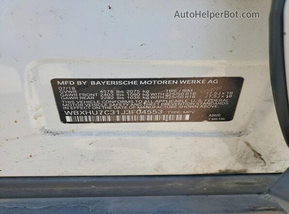 WBXHU7C31J3F04553 2018 BMW X1 White VIN կոդի պիտակի տեսք