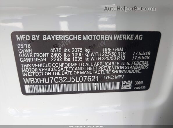 WBXHU7C32J5L07621 2018 BMW X1 White Շարժիչի բաժամունքի տեսք
