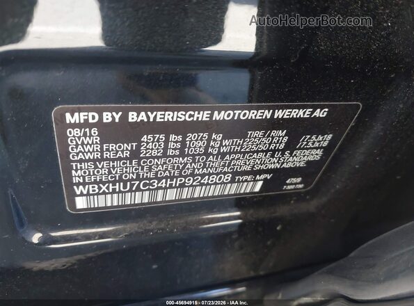 WBXHU7C34HP924808 2017 BMW X1 Black Widok komory silnika