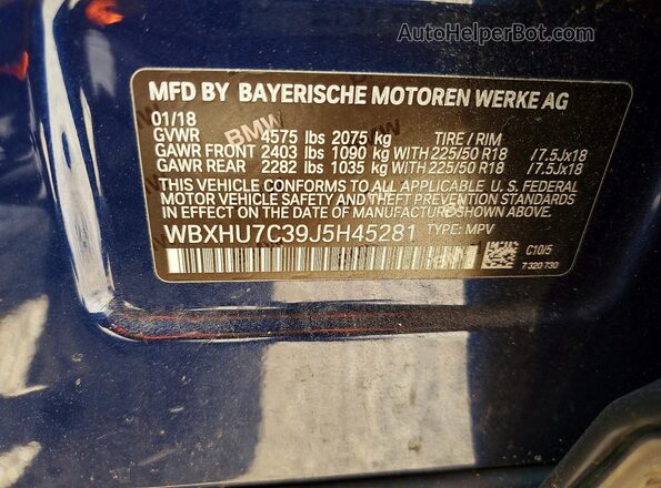 WBXHU7C39J5H45281 2018 BMW X1 Blue Vista de la etiqueta del VIN