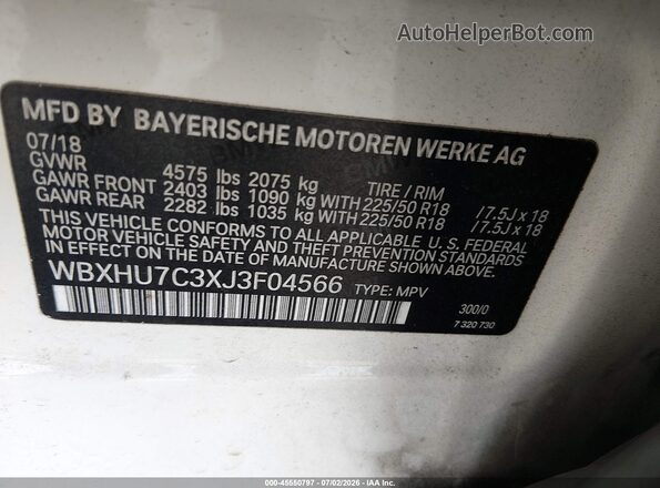 WBXHU7C3XJ3F04566 2018 BMW X1 White Engine compartment view