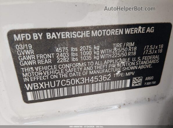 WBXHU7C50K3H45362 2019 BMW X1 Белый Вид подкапотного пространства