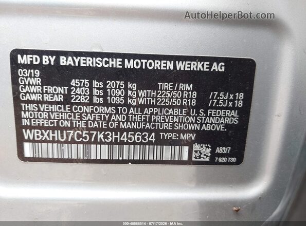 WBXHU7C57K3H45634 2019 BMW X1 Silver Widok komory silnika