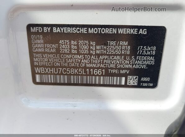 WBXHU7C58K5L11661 2019 BMW X1 White Շարժիչի բաժամունքի տեսք