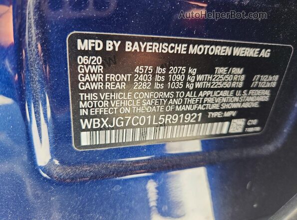 WBXJG7C01L5R91921 2020 BMW X1 Blue VIN sticker view