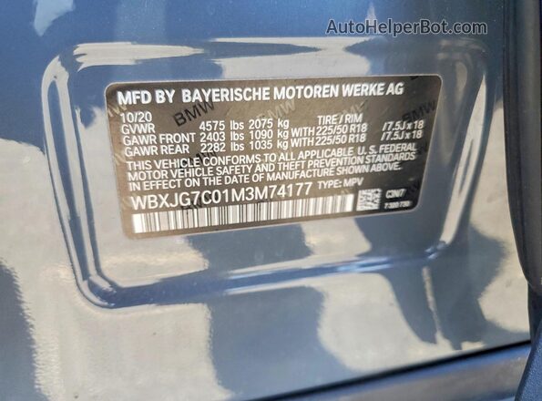 WBXJG7C01M3M74177 2021 BMW X1 Gray 360 interior view