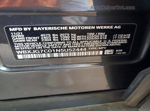 WBXJG7C01N5U52444 2022 BMW X1 Gray Панорамний вид салону 360°
