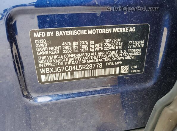 WBXJG7C04L5R28778 2020 BMW X1 Blue ძრავის განყოფილების ხედი