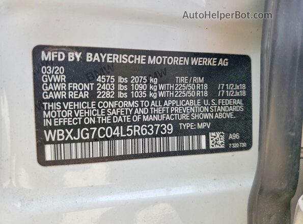 WBXJG7C04L5R63739 2020 BMW X1 White VIN կոդի պիտակի տեսք