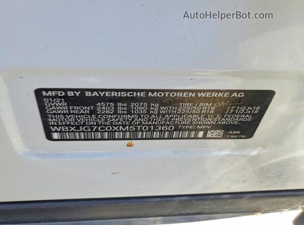 WBXJG7C0XM5T01360 2021 BMW X1 White VIN კოდის სტიკერის ხედი
