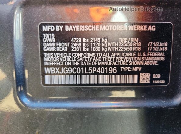 WBXJG9C01L5P40196 2020 BMW X1 Gray Widok naklejki z numerem VIN