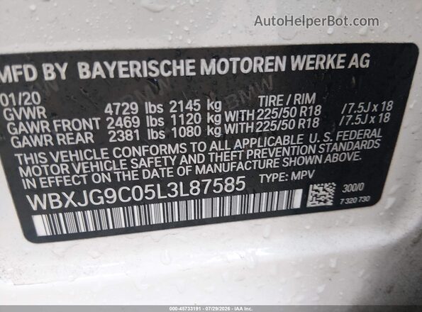 WBXJG9C05L3L87585 2020 BMW X1 White Vista del compartimento del motor