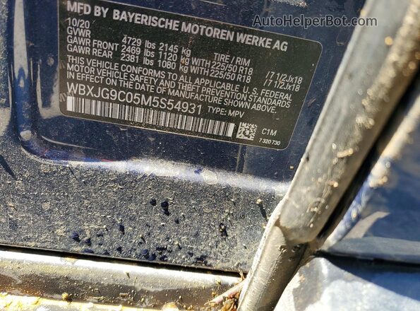 WBXJG9C05M5S54931 2021 BMW X1 Blue Widok naklejki z numerem VIN