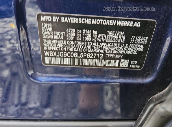 WBXJG9C06L5P62713 2020 BMW X1 Blue VIN კოდის სტიკერის ხედი