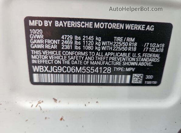 WBXJG9C06M5S54128 2021 BMW X1 White VIN sticker view