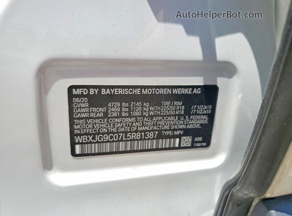 WBXJG9C07L5R81387 2020 BMW X1 White Widok naklejki z numerem VIN