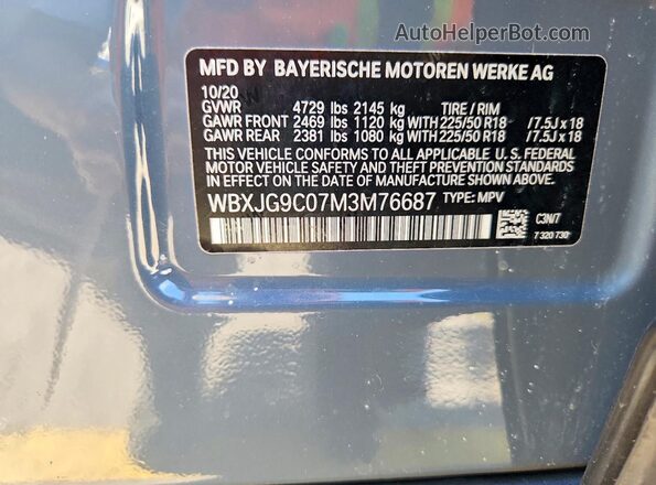 WBXJG9C07M3M76687 2021 BMW X1 Серый Вид наклейки с VIN-кодом