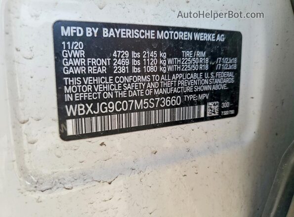 WBXJG9C07M5S73660 2021 BMW X1 Белый Вид наклейки с VIN-кодом