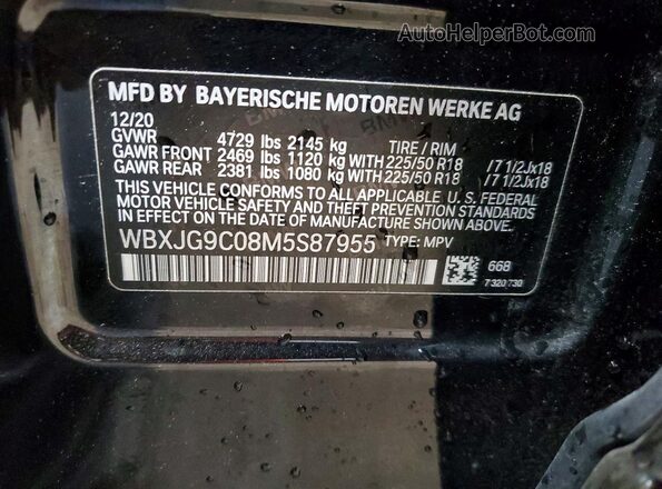 WBXJG9C08M5S87955 2021 BMW X1 Black VIN კოდის სტიკერის ხედი