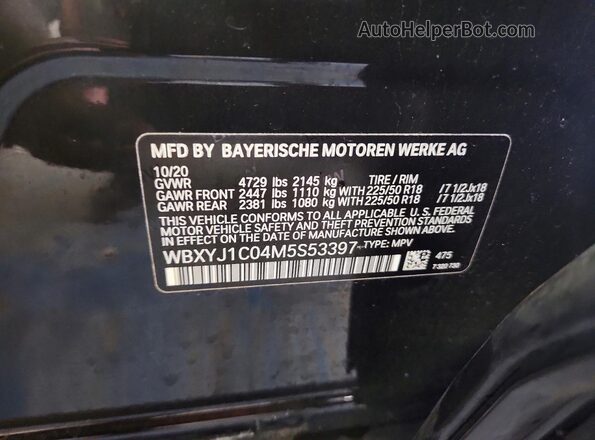 WBXYJ1C04M5S53397 2021 BMW X2 Black Vista de la etiqueta del VIN