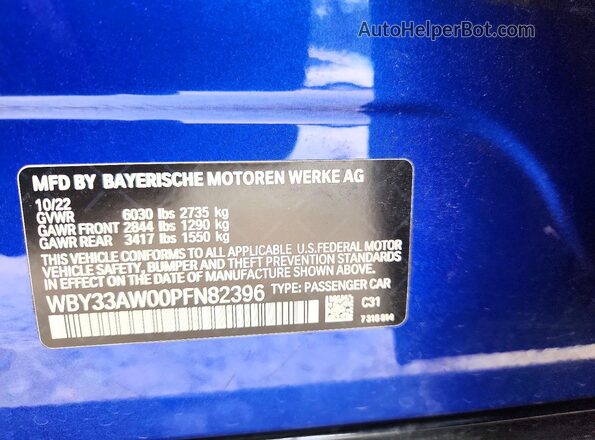 WBY33AW00PFN82396 2023 BMW I4 Синий Вид наклейки с VIN-кодом