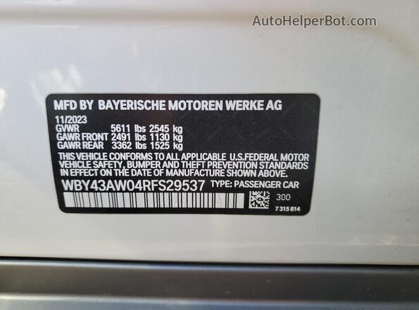 WBY43AW04RFS29537 2024 BMW I4 White Vista de la etiqueta del VIN
