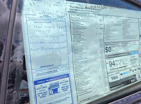 WBY43HD06TFW38609 2026 BMW I4 Gray Widok naklejki z numerem VIN