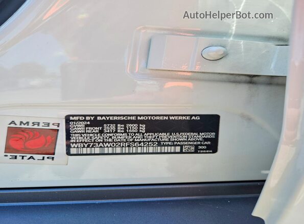 WBY73AW02RFS64252 2024 BMW I4 White VIN კოდის სტიკერის ხედი