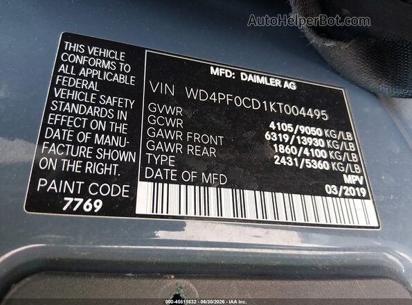 WD4PF0CD1KT004495 2019 MERCEDES-BENZ SPRINTER Blue Շարժիչի բաժամունքի տեսք