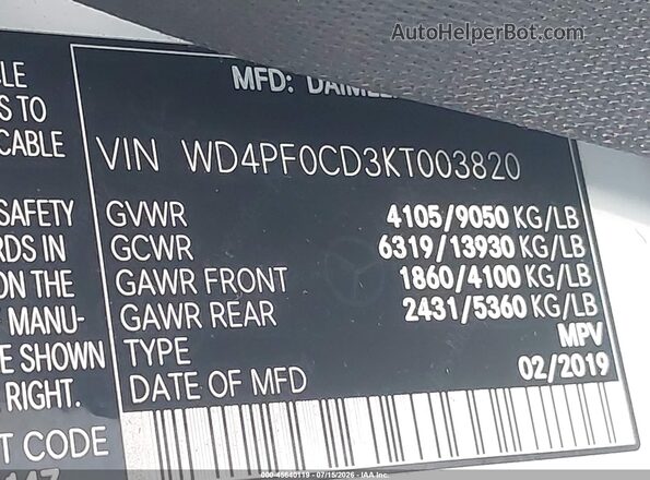 WD4PF0CD3KT003820 2019 MERCEDES-BENZ SPRINTER White Շարժիչի բաժամունքի տեսք