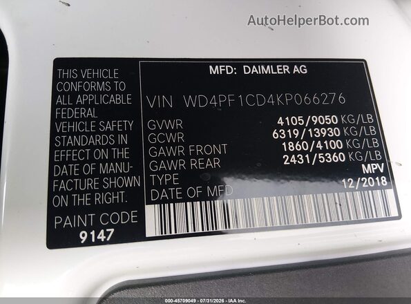 WD4PF1CD4KP066276 2019 MERCEDES-BENZ SPRINTER White Շարժիչի բաժամունքի տեսք