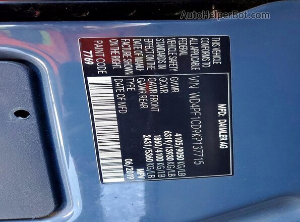 WD4PF1CD9KP137715 2019 MERCEDES-BENZ SPRINTER Blue VIN կոդի պիտակի տեսք