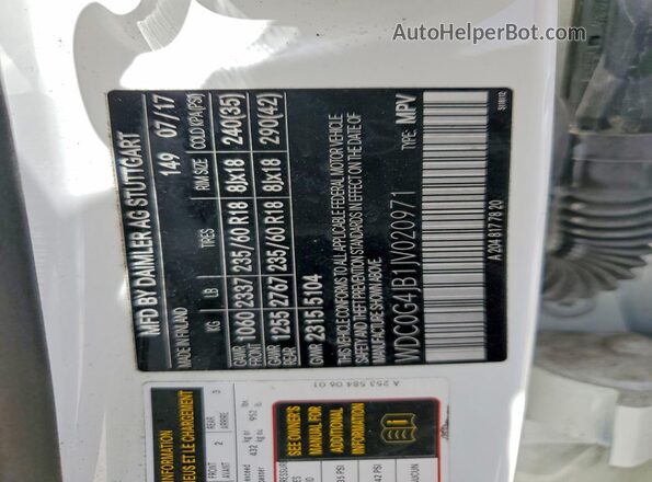 WDC0G4JB1JV020971 2018 MERCEDES-BENZ GLC-CLASS White VIN კოდის სტიკერის ხედი
