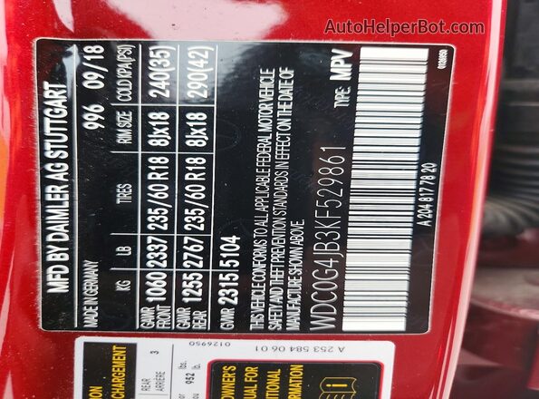 WDC0G4JB3KF529861 2019 MERCEDES-BENZ GLC-CLASS Red VIN sticker view