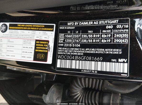WDC0G4JB6GF081669 2016 MERCEDES-BENZ GLC 300 Black Vista de la etiqueta del VIN