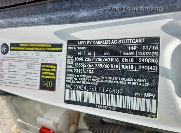 WDC0G4JB6HF196807 2017 MERCEDES-BENZ GLC-CLASS White VIN կոդի պիտակի տեսք