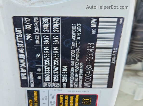 WDC0G4JBXHF253428 2017 MERCEDES-BENZ GLC-CLASS White VIN კოდის სტიკერის ხედი