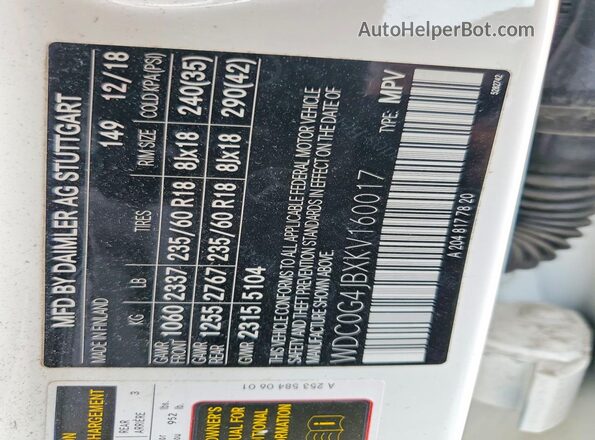 WDC0G4JBXKV160017 2019 MERCEDES-BENZ GLC-CLASS White VIN კოდის სტიკერის ხედი