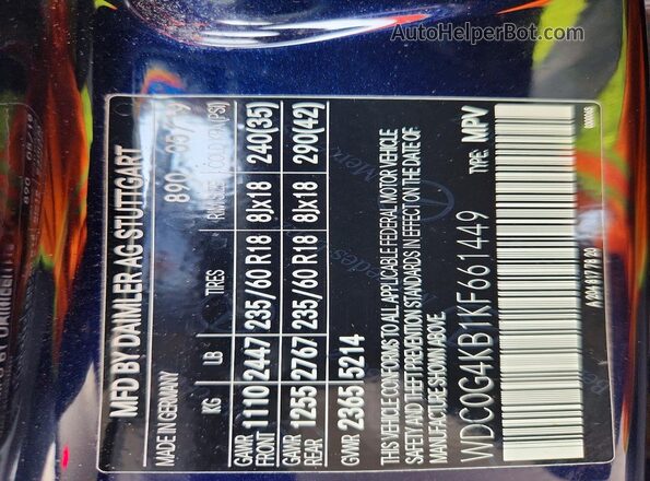 WDC0G4KB1KF661449 2019 MERCEDES-BENZ GLC-CLASS Blue VIN კოდის სტიკერის ხედი