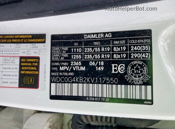 WDC0G4KB2KV117550 2019 MERCEDES-BENZ GLC-CLASS White Вид наклейки з VIN-кодом