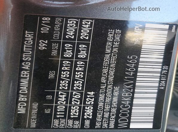 WDC0G4KB2KV146465 2019 MERCEDES-BENZ GLC-CLASS Gray Вид наклейки з VIN-кодом