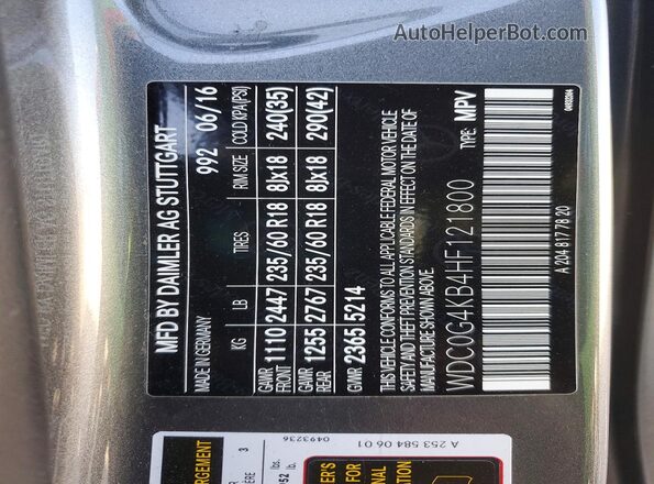 WDC0G4KB4HF121800 2017 MERCEDES-BENZ GLC-CLASS Gray VIN კოდის სტიკერის ხედი